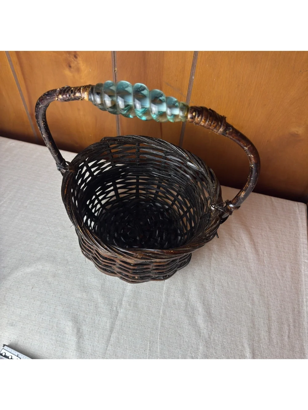 Vintage Wicker Basket Glass Handle Accent Dark Brown Woven Rustic Boho Decor